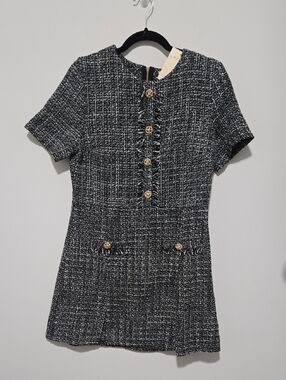 BeBop Black and White Tweed Short Sleeve Dress with Gold Buttons